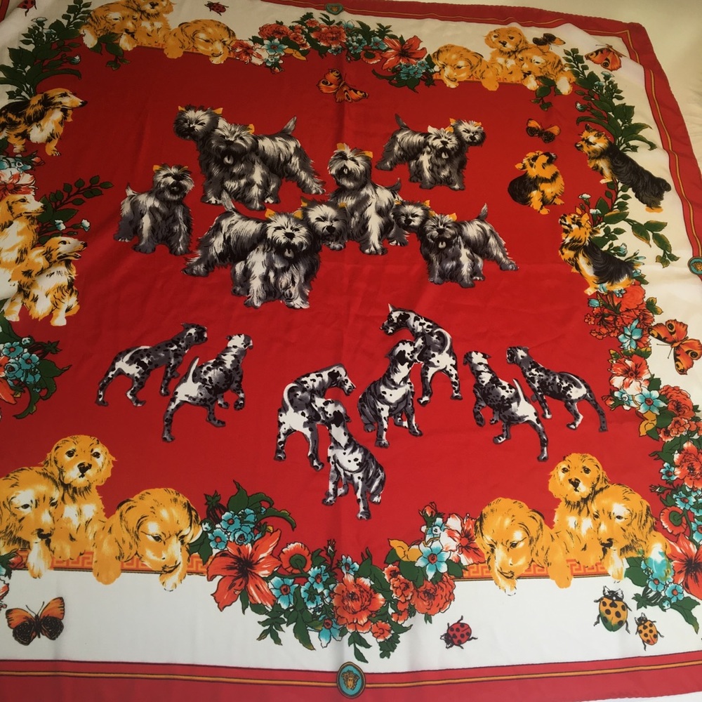 Vtg VERSACE “Puppy Garden” Silk Scarf 34”